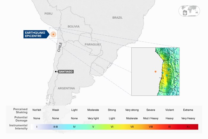 A magnitude 8.2 earthquake off the coast of Chile has caused a tsunami.