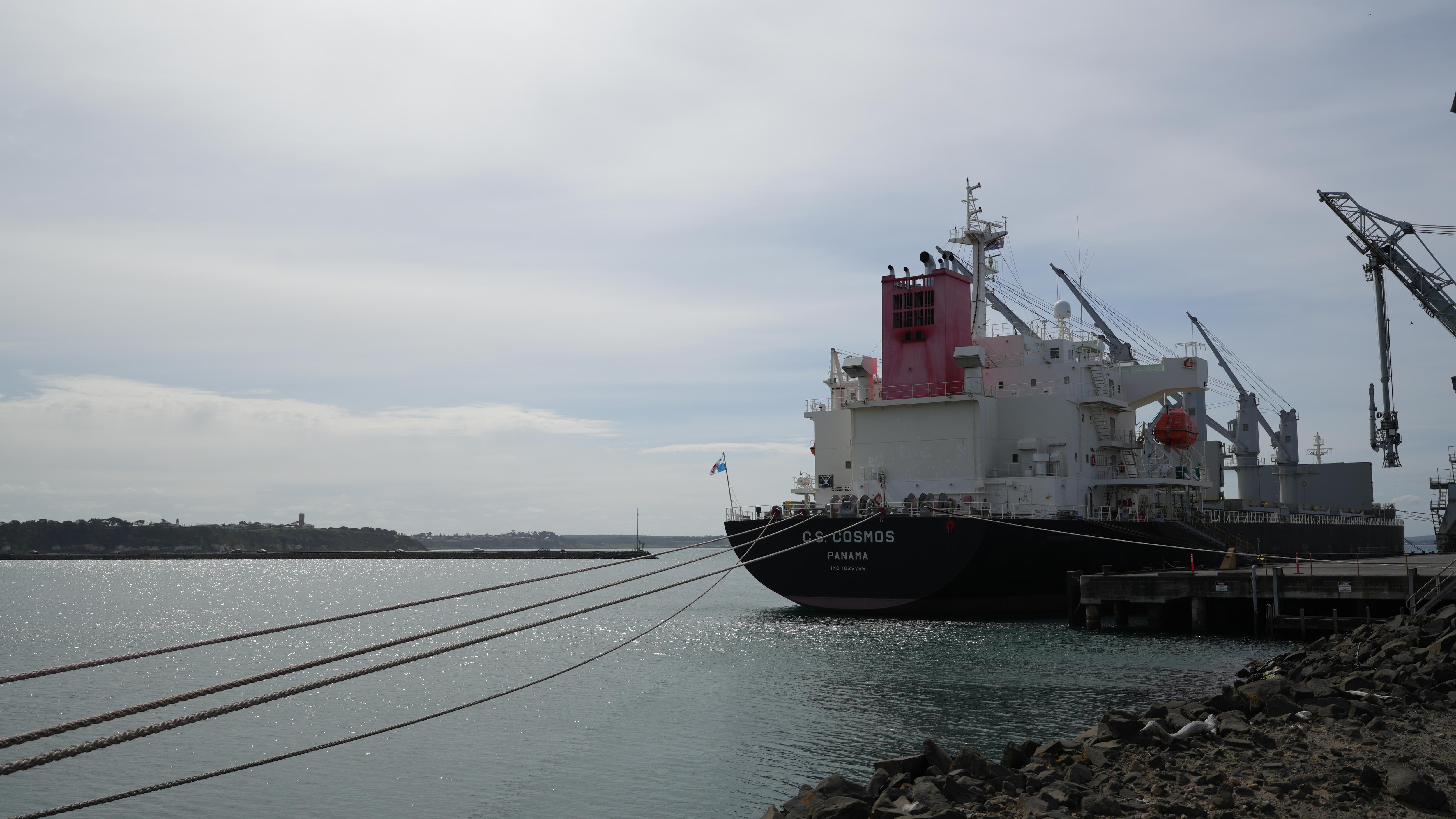 A large ship is docked, tied with rope, in the water, in the distance you can see the Portland foreshore and town.