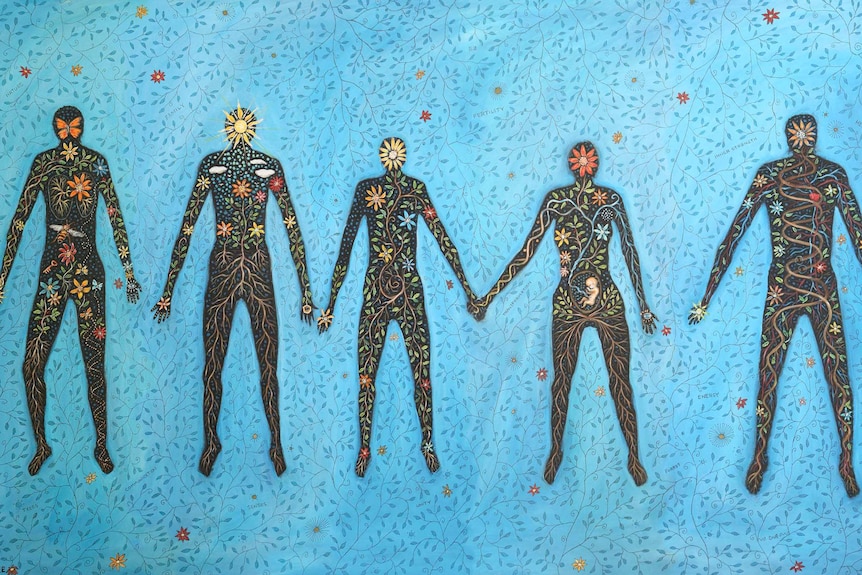 A painting showing silhouettes of human figures, with painted flowers, leaves and insects over their bodies.