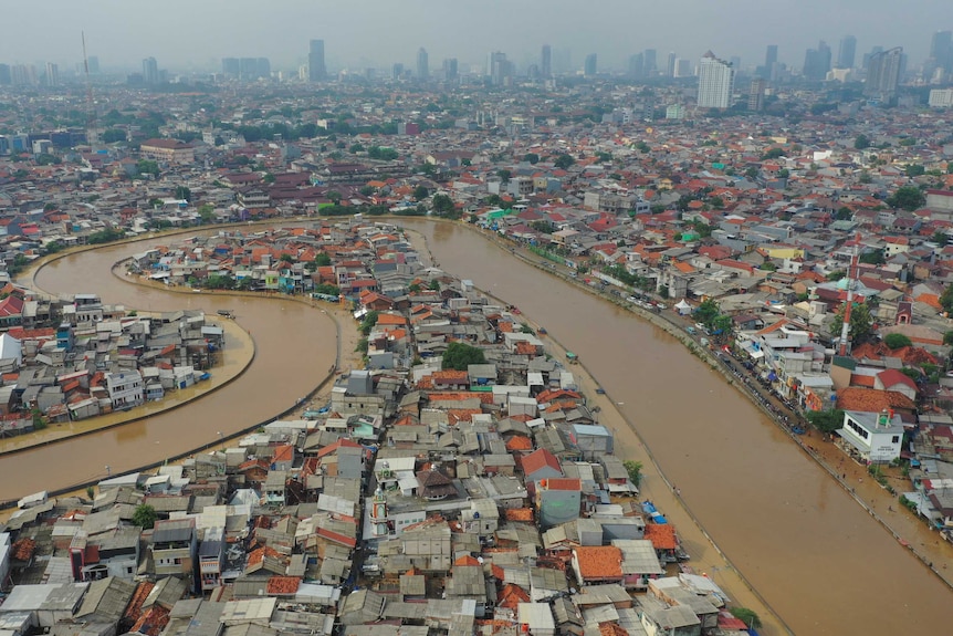 Aerial picture of a slum area affected by floods in Jakarta.