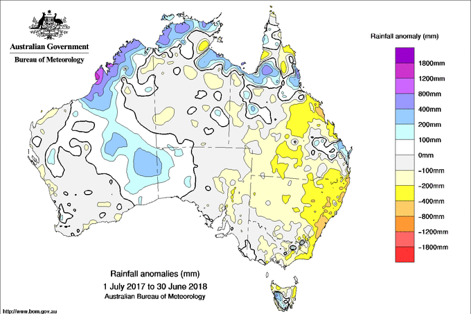 map of Australia with yellow on the east coast (dry) and blues and purples to the north and central west (wet)