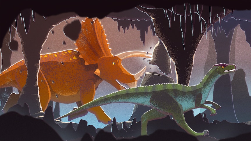 Two dinosaurs in an underground cavern. A green, bipedal dinosaur leads. An orange four-legged dinosaurs with horns follows