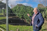 A lady holds on to a temporary fence with her left hand while looking at the camera, with a sinkhole behind the temporary fence.