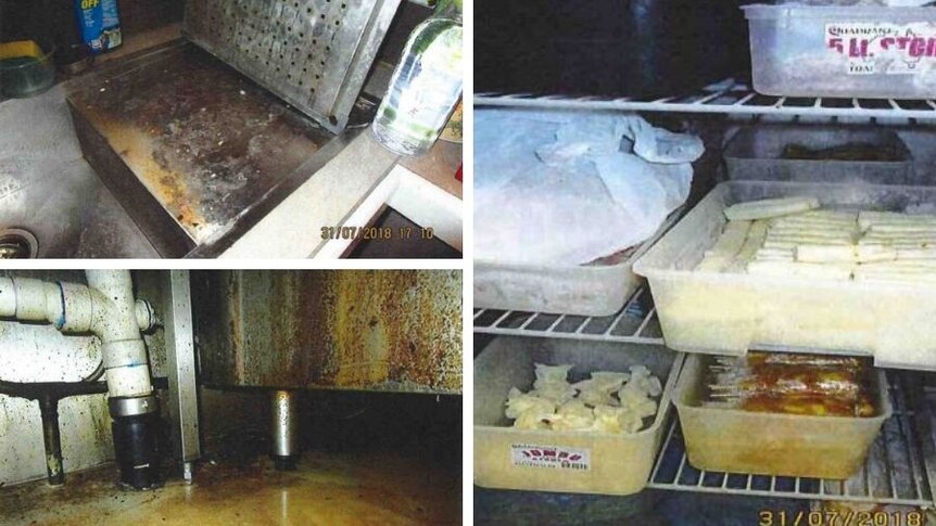 A composite image shows stained and dirty benches and floors, and uncovered food in the fridge.