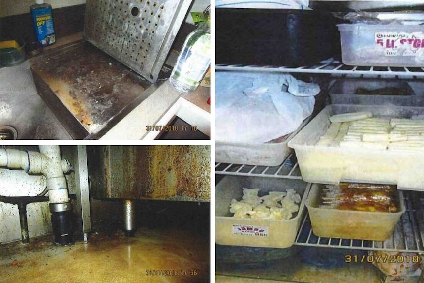 A composite image shows stained and dirty benches and floors, and uncovered food in the fridge.