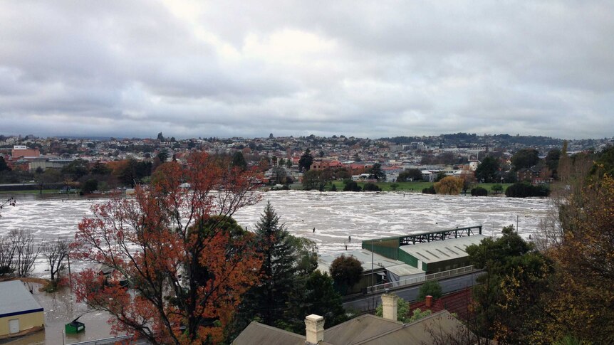 Rising floodwaters seen from the Launceston suburb of Trevallyn