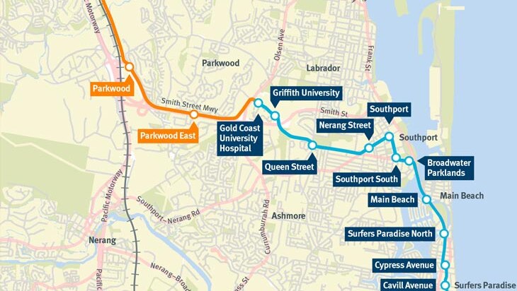 A map of the Gold Coast light rail's route
