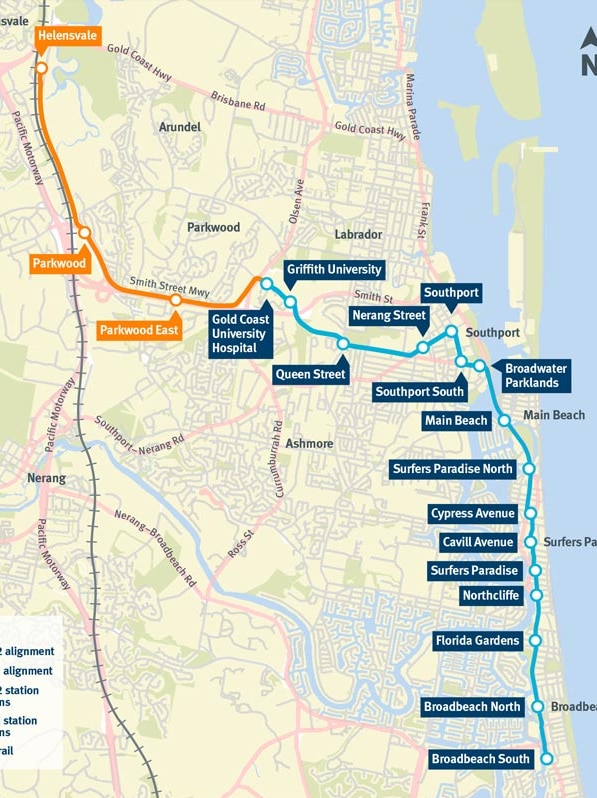 A map of the Gold Coast light rail's route