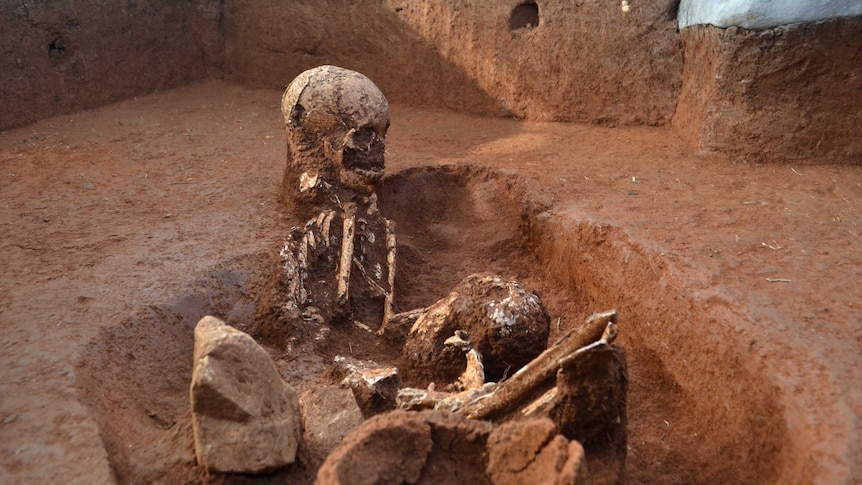 Bones in a grave at the Plain of Jars in Laos.