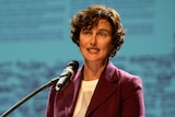 A mid-shot of Kate Chaney speaking into a microphone at a podium indoors, wearing a purple jacket and white top.