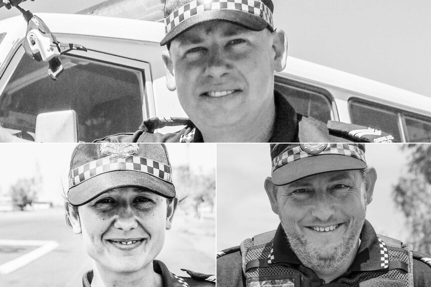 A black and white collage of three police officers smiling at the camera.