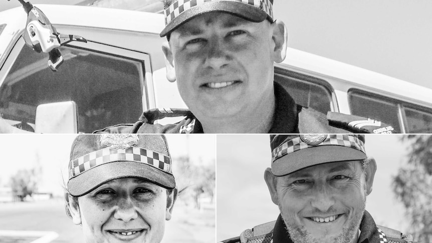 A black and white collage of three police officers smiling at the camera.