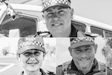 A black and white collage of three police officers smiling at the camera.