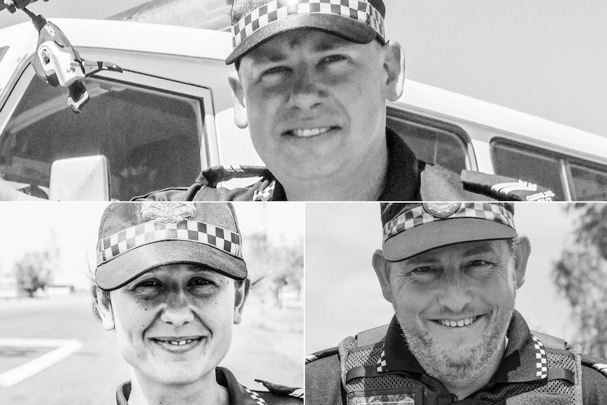 A black and white collage of three police officers smiling at the camera.