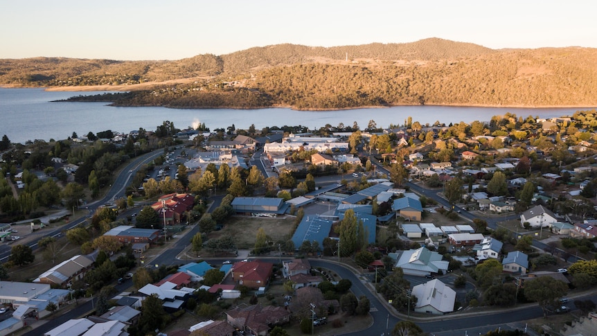 A drone shot of a town centre.