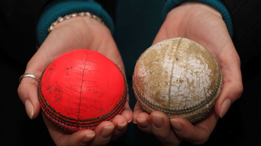 A used trial pink cricket ball next to the normal white one-day ball