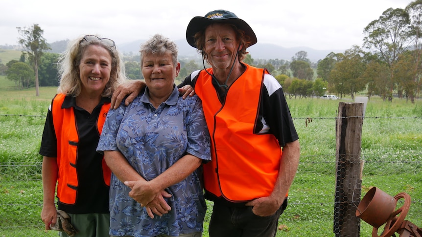 Two people in orange vests with a woman in a blue dress in a paddock
