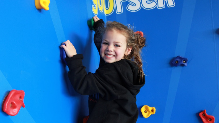 Clementine Johnson, 5, climbs a rock wall.