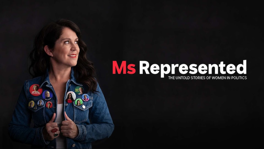 Annabel Crabb is pictured looking to the side wearing a denim jacket full of pins with different female politicians on them