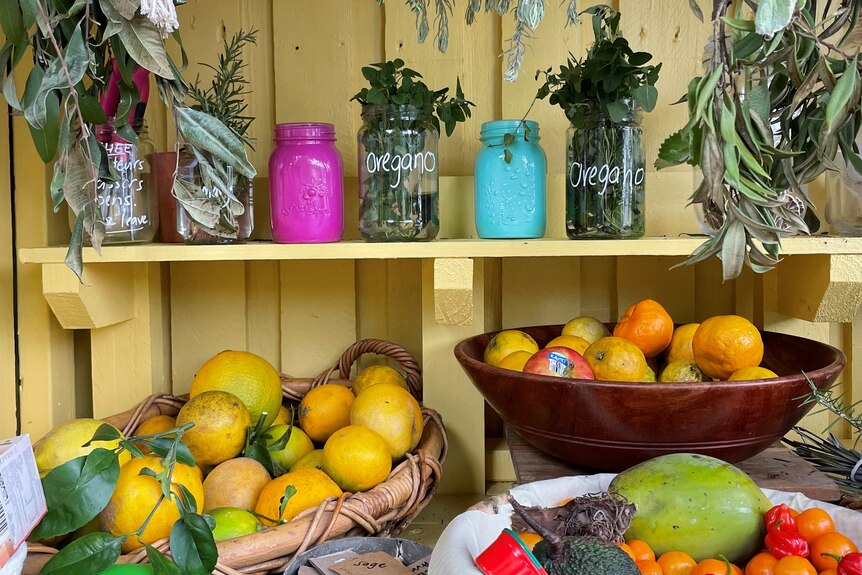 Bowls of fruit and vegetables and jars of herbs on yellow shelves.
