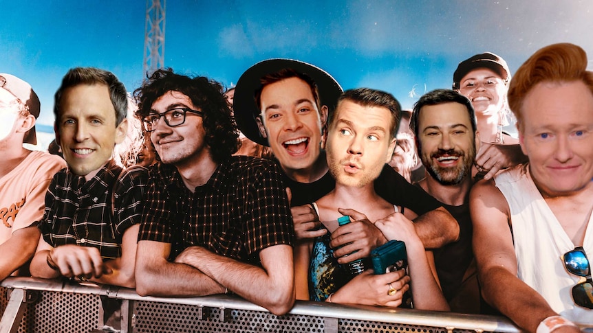 A photo from Sydney city limits of a crowd with their faces replaced by late night hosts