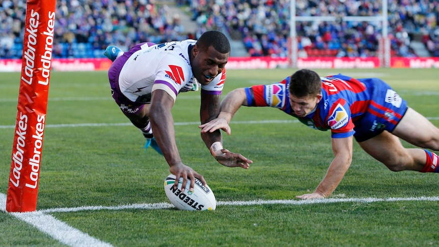 Suliasi Vunivalu scores in the corner for the Storm against the Knights