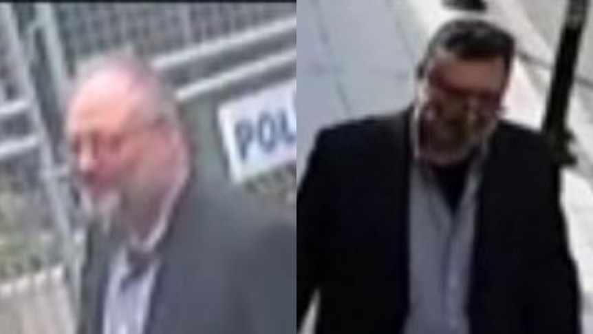 A composite image using CNN released footage of Jamal Khashoggi and an alleged 'body double'.
