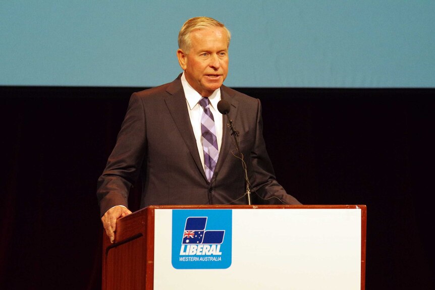 Colin Barnett at a podium at the Liberal Party campaign launch.