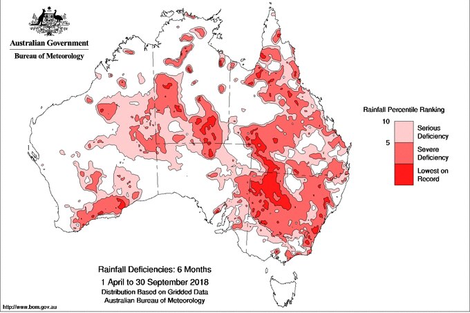 red patches indicate serious deficiencies to  to lowest on record for most of NSW, large parts of QLD, south of NT and SW WA