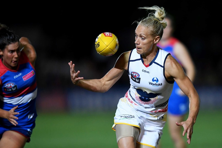 Erin Phillips of the Crows in possession during the round 2 AFLW match between the Adelaide Crows and the Western Bulldogs and Whitten Oval in Melbourne