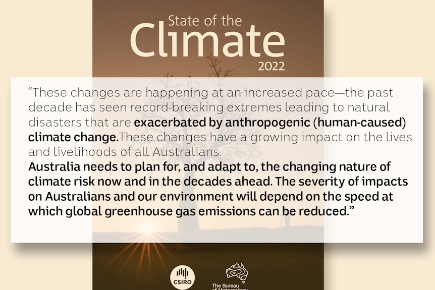 The State of the Climate 2022 report with a quote that warns about the need to reduce emissions, to limit climate change.