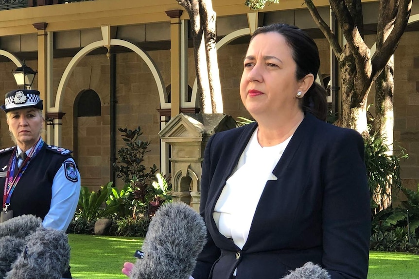 Queensland Premier Annastacia Palaszczuk speaks to the media on Speakers Green at Parliament House in Brisbane.