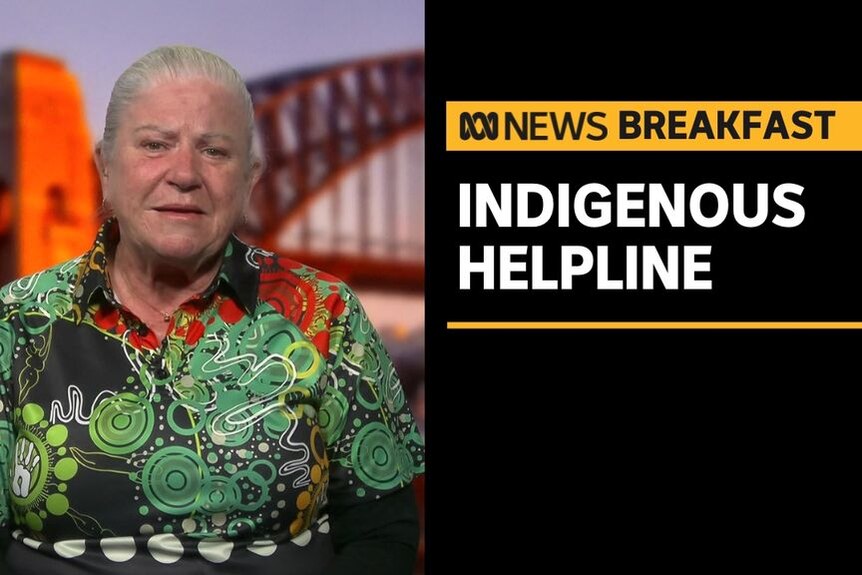Indigenous Helpline: A woman in a TV studio in the middle of an interview.