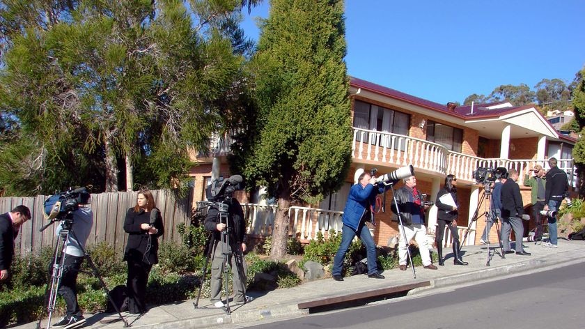 Members of the media gather outside the Hobart home of Princess Mary of Denmark's sister