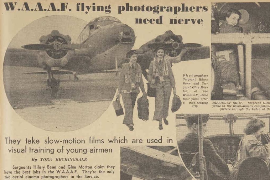 A black and white newspaper with the words WAAAF flying photographers need nerve, women in uniform, plane.