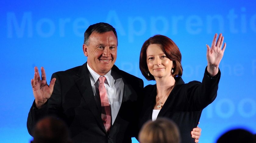 Prime Minister Julia Gillard and partner Tim Mathieson (Dave Hunt : AAP)