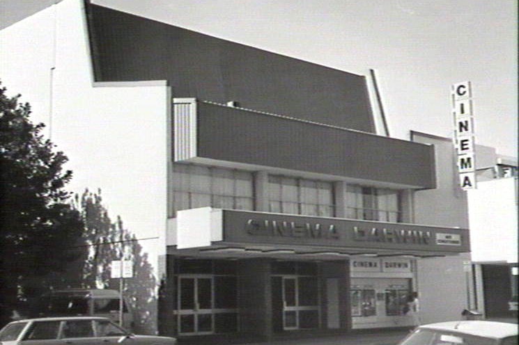 An archival, black-and-white photo of a cinema complex in Darwin.