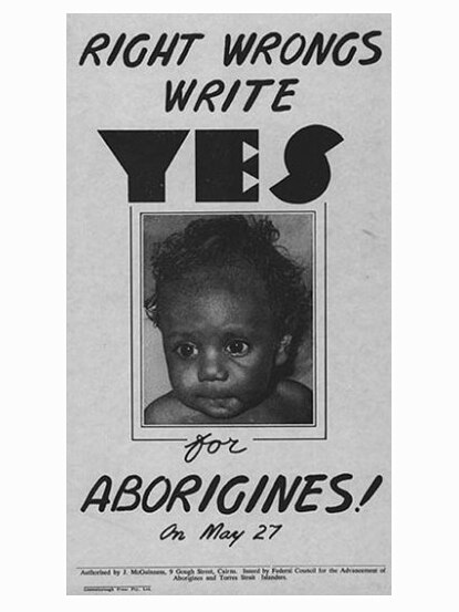 Flyer of Indigenous baby with title 'Right Wrongs, Write Yes'