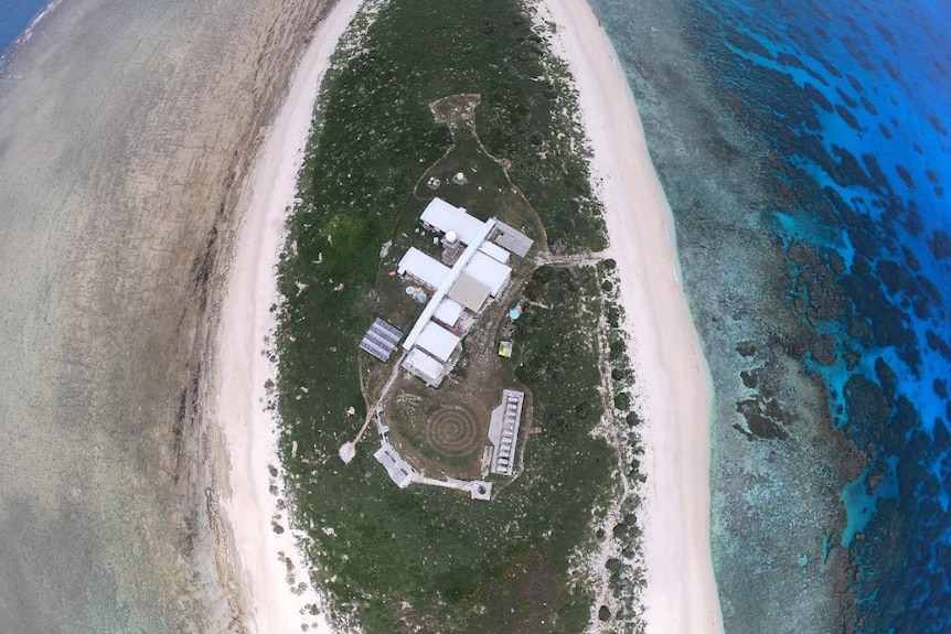 A birds eye view of a weather station on a small island