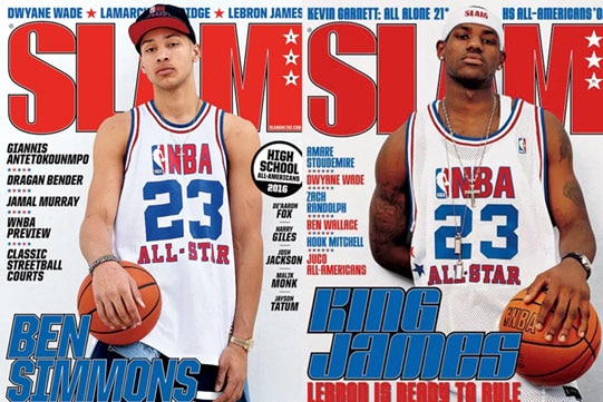 LeBron and Simmons on two covers of Slam Magazine, both posed in the same way with similar background.