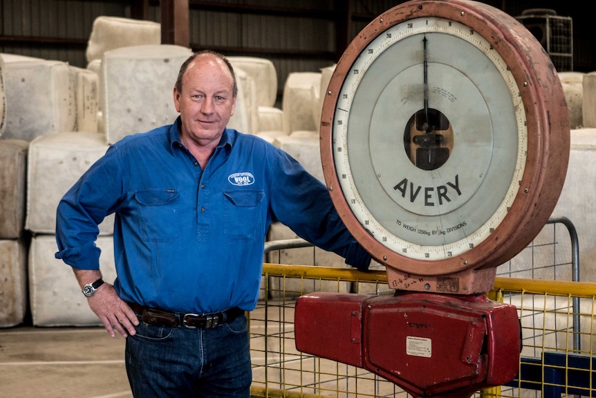 Wool broker Gordon Litchfield in his wool shed.