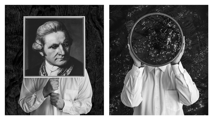 Two black and white photographs showing the artist with his face covered, by an image of James Cook and a bowl of water.