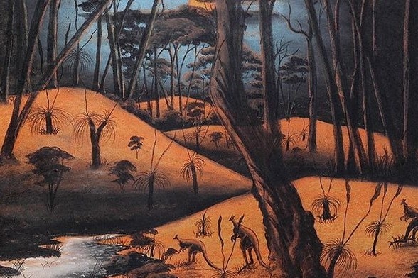 A painting of kangaroos on an outback landscape