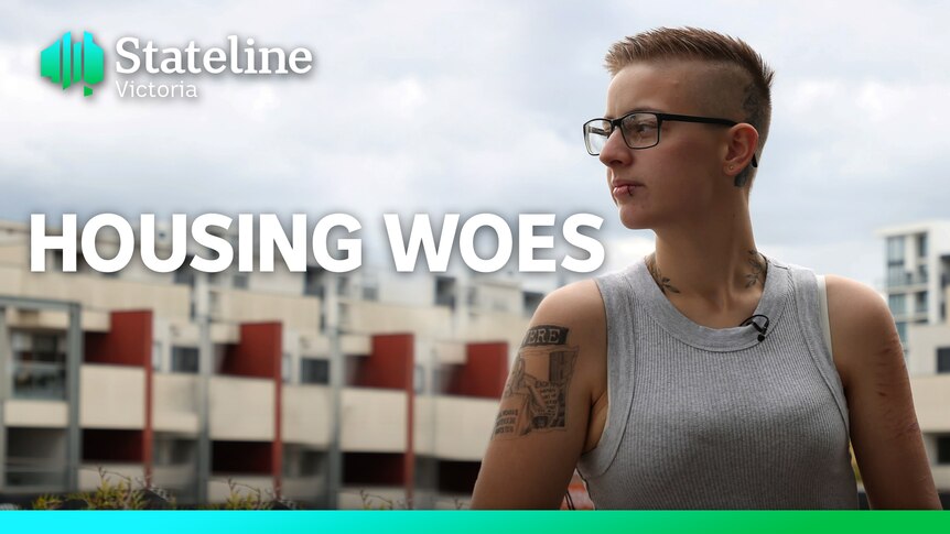 A woman standing on a balcony, captioned with the words 'housing woes'