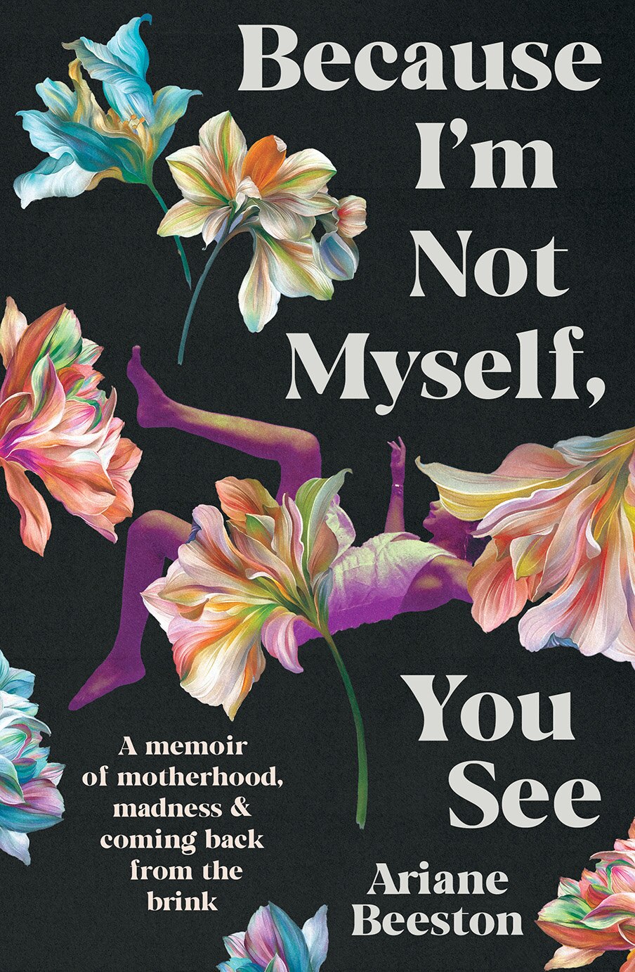 A mostly black cover with bright coloured lily flowers, a falling woman in the middle of them all