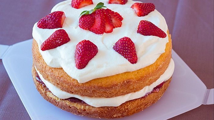 Sponge cake covered in cream with fresh strawberries on top.