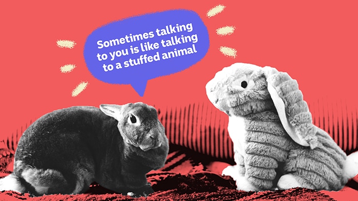 A live rabbit says to a stuffed rabbit, depicting the difficulties of resolving repetative arguments with your romantic partner.