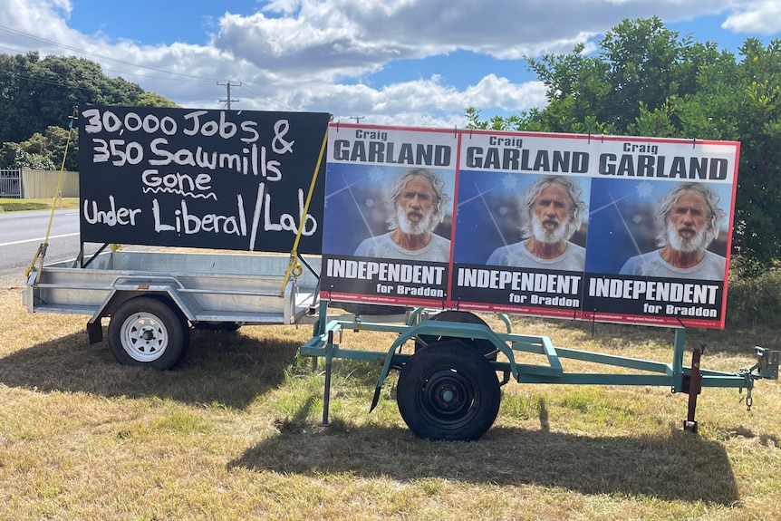 Election signs for Craig Garland on a trailer