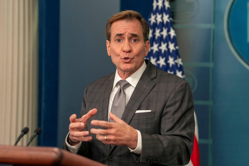 John Kirby speaks during a press briefing at the White House.