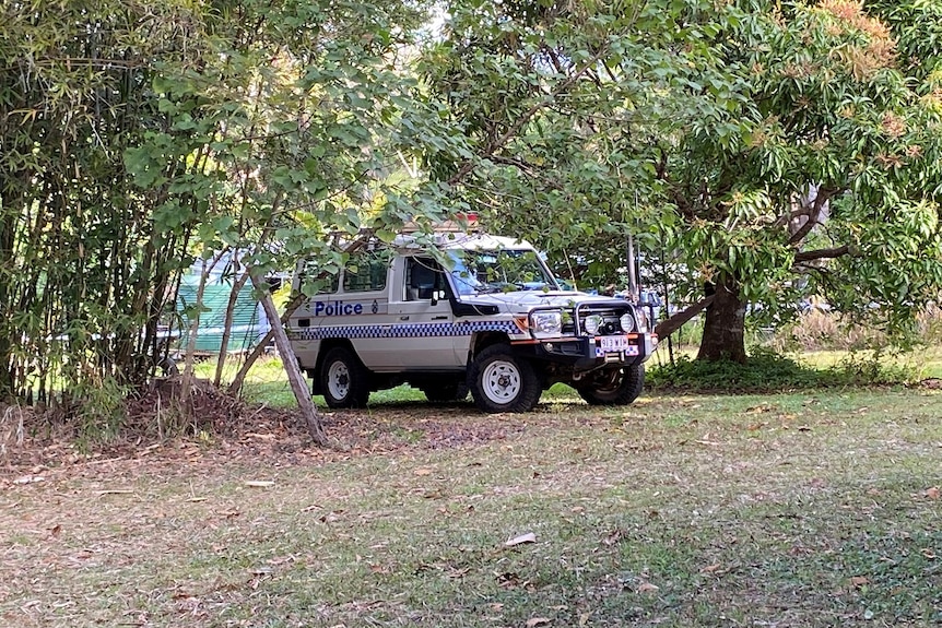 A police car outside a house after a man and child were found dead at River Road at Rossville in far North Queensland.